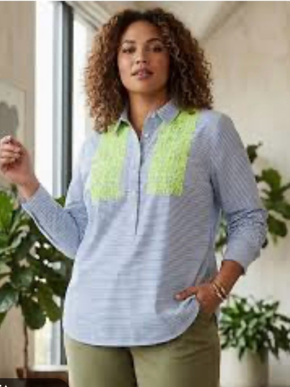 STYLUS Blue Striped Tunic with Lime Green Embroidered Panels